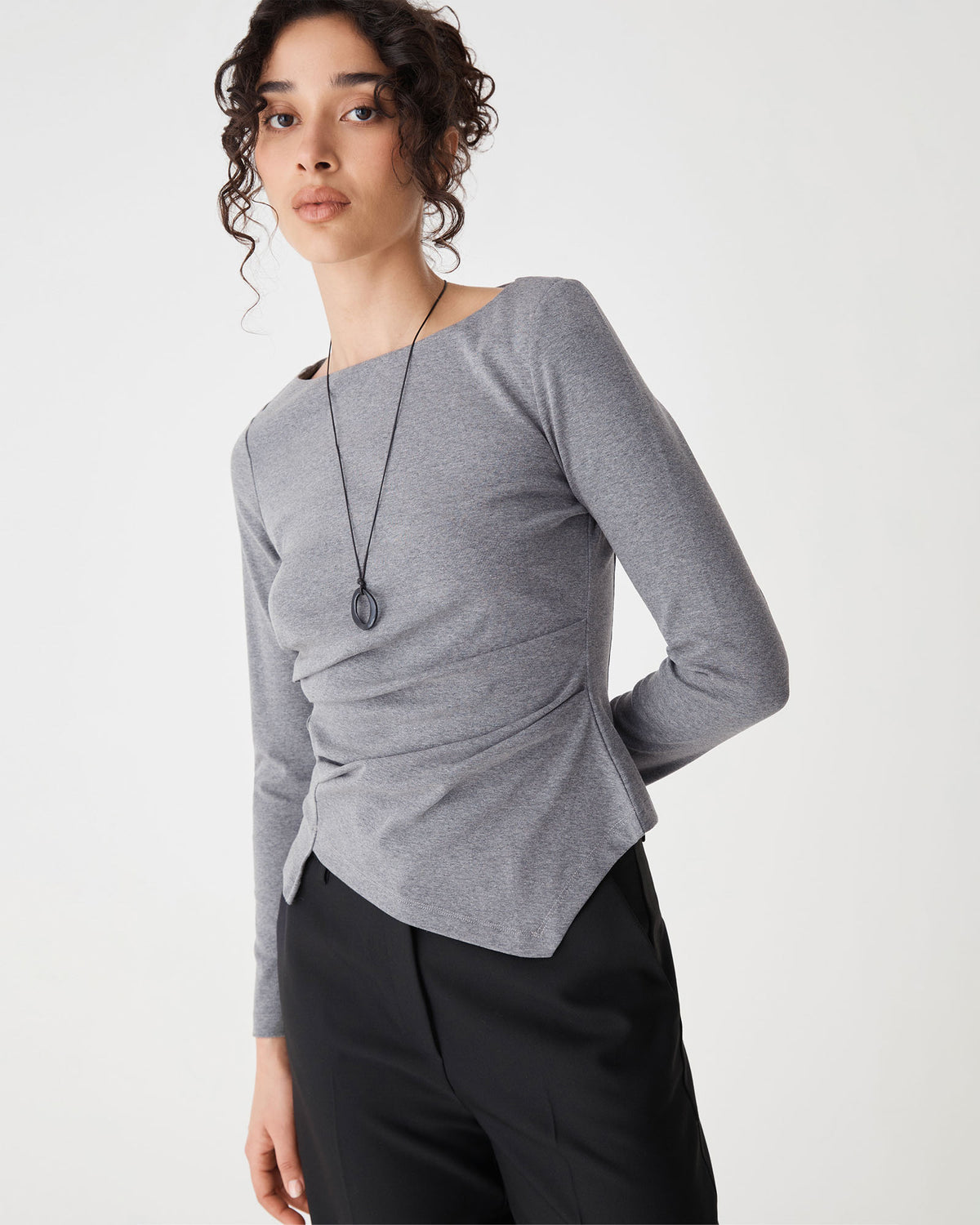Calia Asymmetric Knit Top in grey marle — close-up view 2