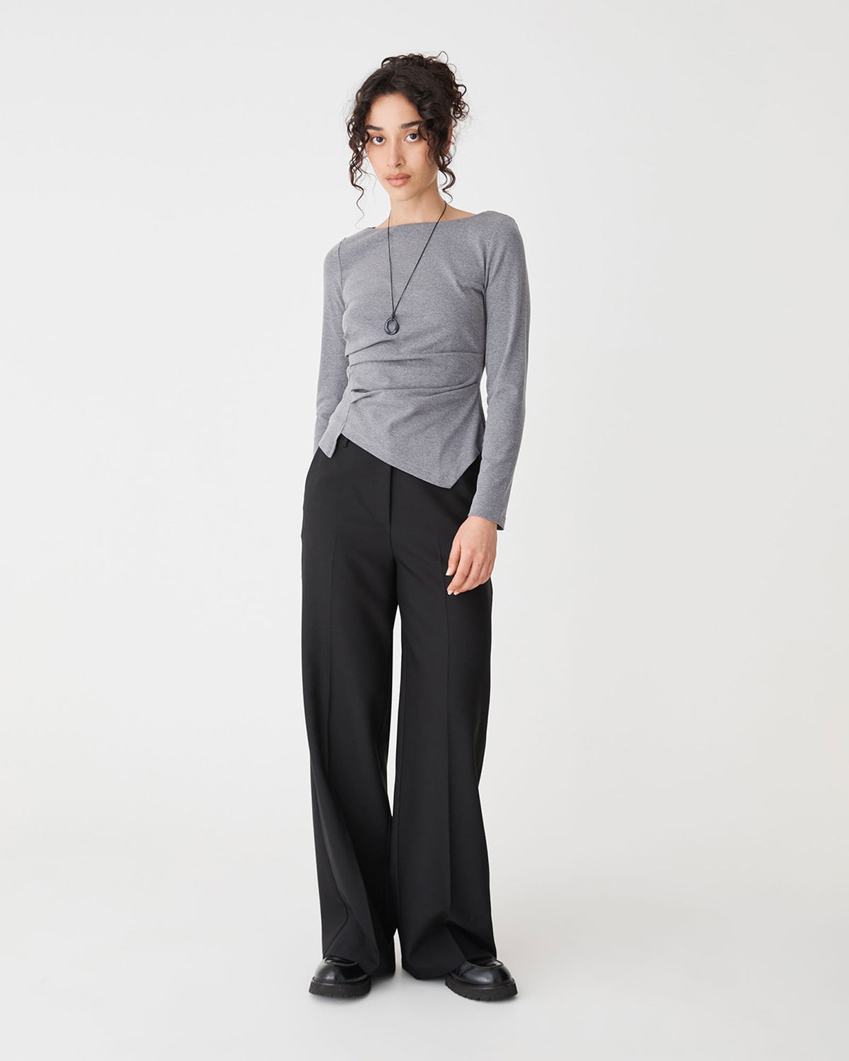 Calia Asymmetric Knit Top in grey marle — full-length view