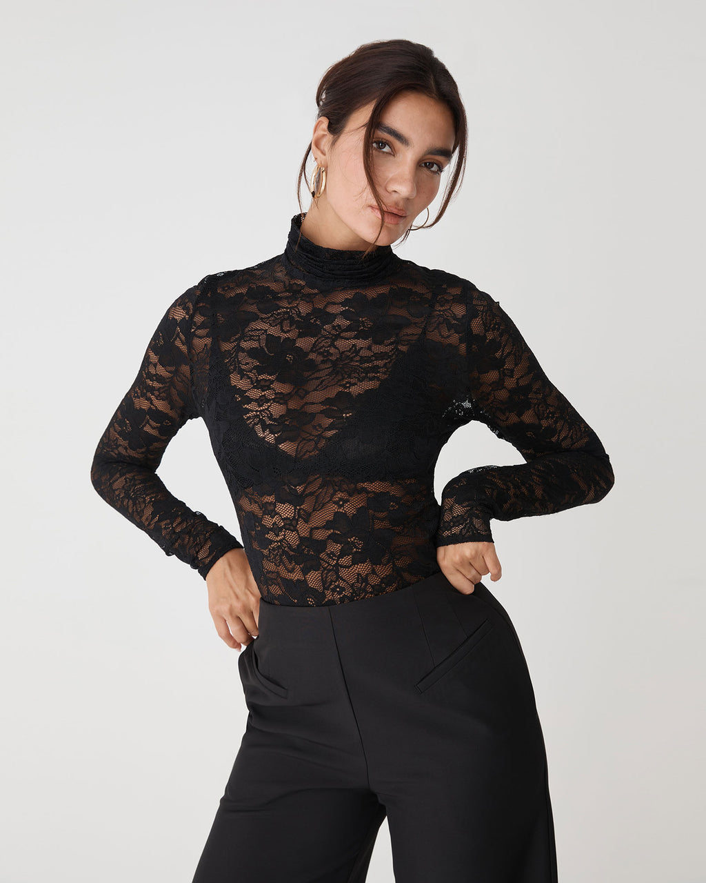 Torin Lace Turtleneck Top in black — close-up view 2