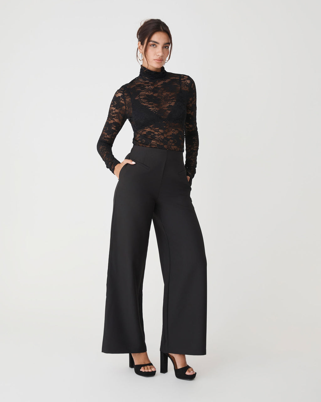 Torin Lace Turtleneck Top in black — full-length view