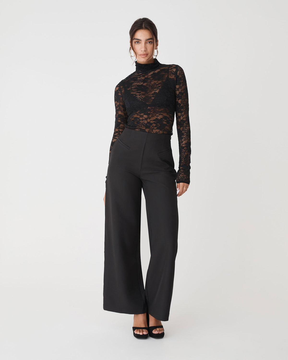 Torin Lace Turtleneck Top in black — full-length view 2