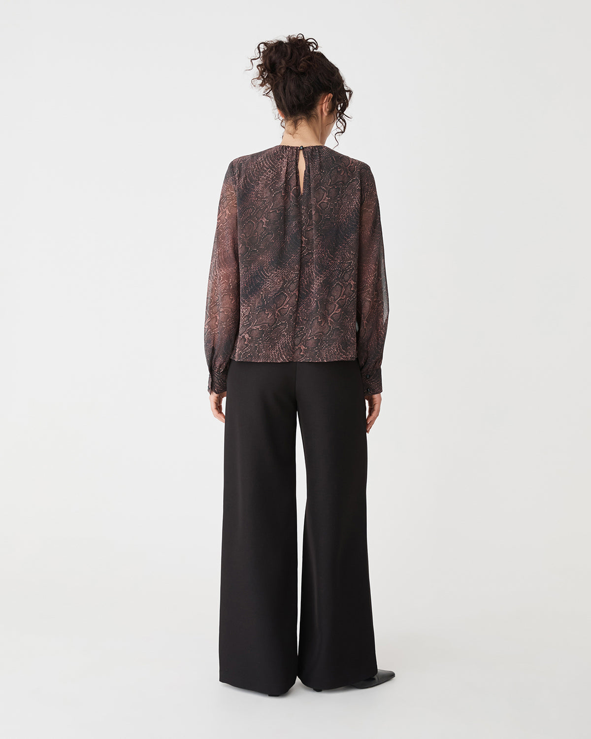 Sonia Gathered Neck Top in brown snake — back view