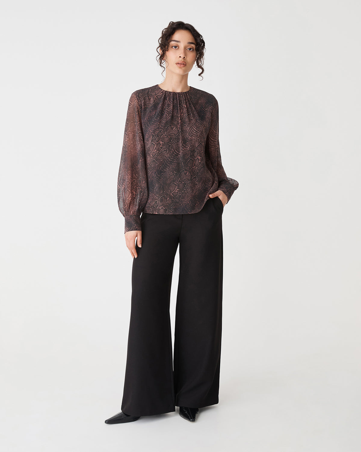 Sonia Gathered Neck Top in brown snake — full-length view