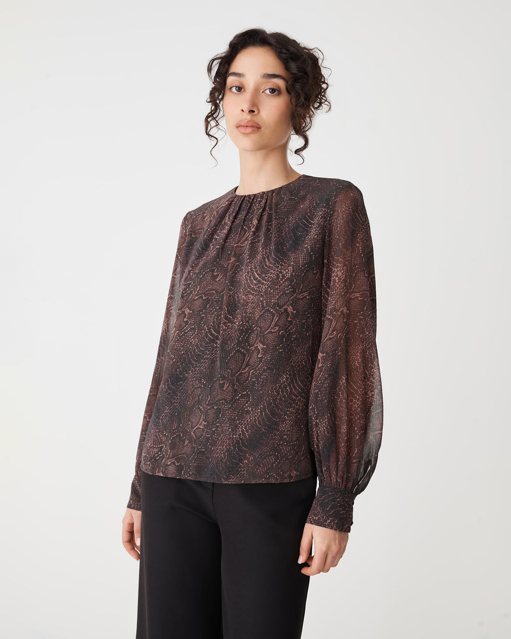 Sonia Gathered Neck Top in brown snake — side view