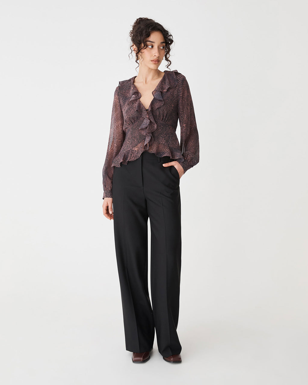 Sonia V-Neck Ruffle Top in brown snake — full-length view 2