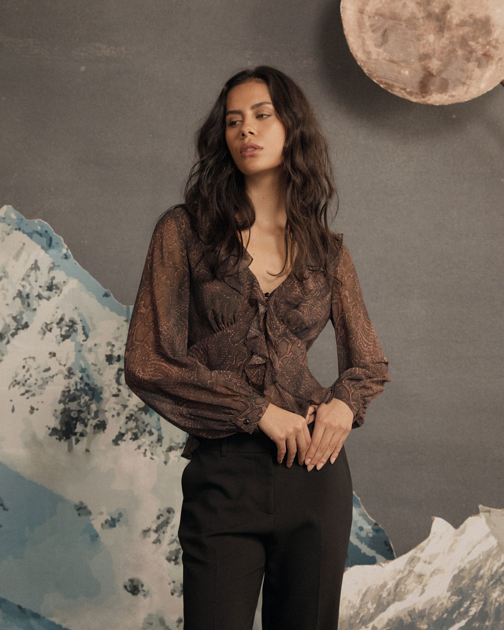 Sonia V-Neck Ruffle Top in brown snake — alternate view