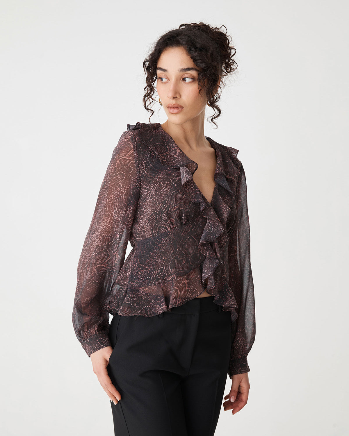 Sonia V-Neck Ruffle Top in brown snake — side view