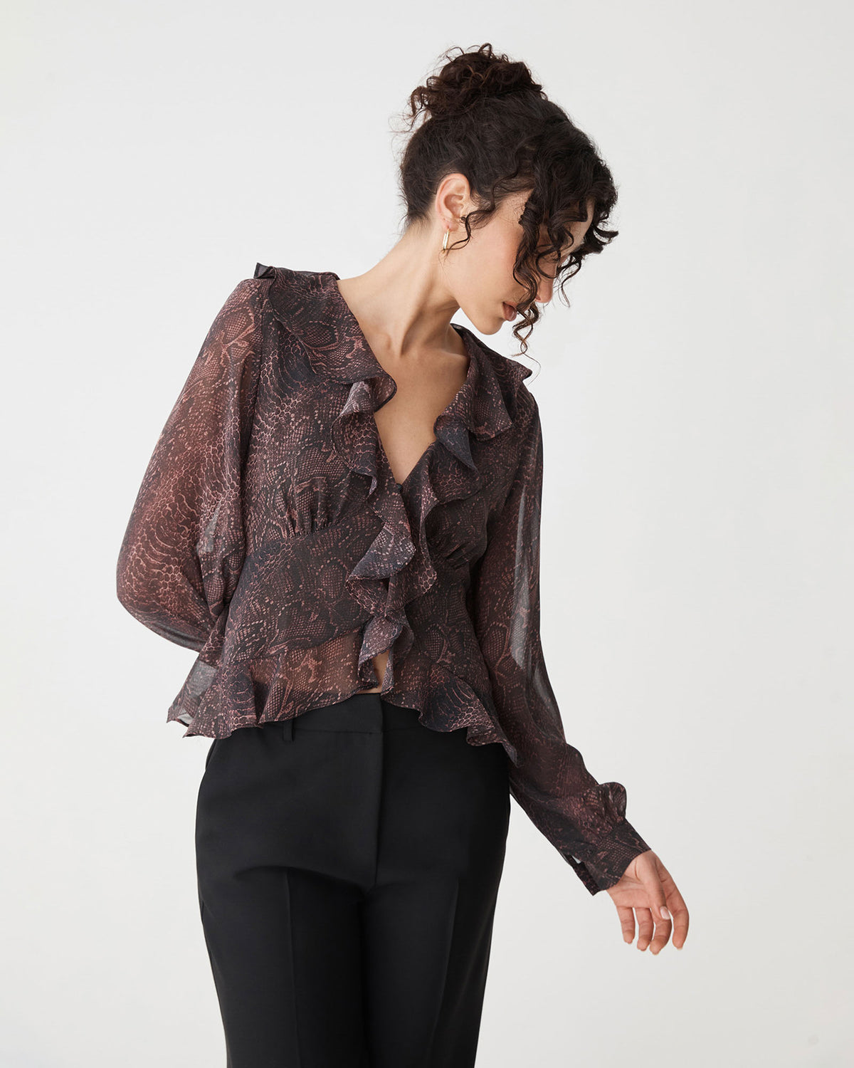 Sonia V-Neck Ruffle Top in brown snake — side view 2