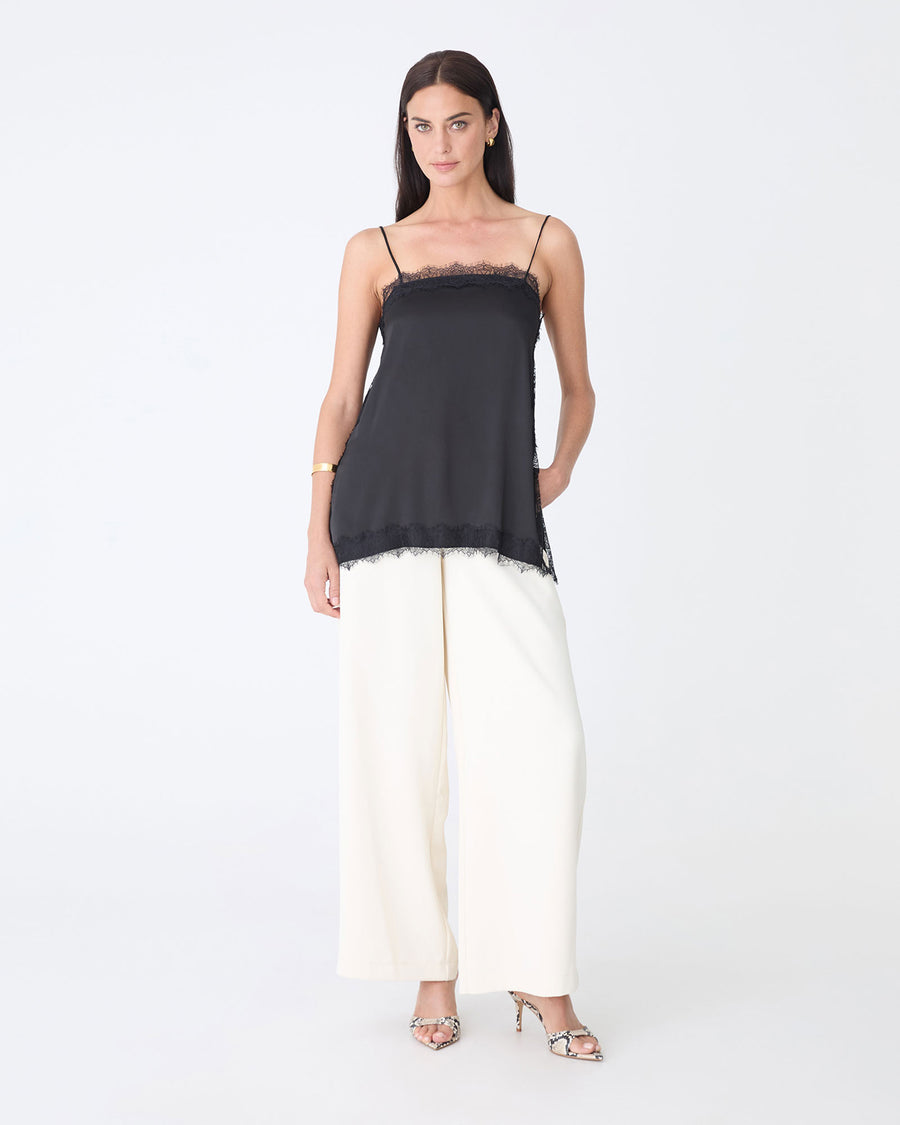 Cleo Lace Trim Satin Camisole in black — full-length view