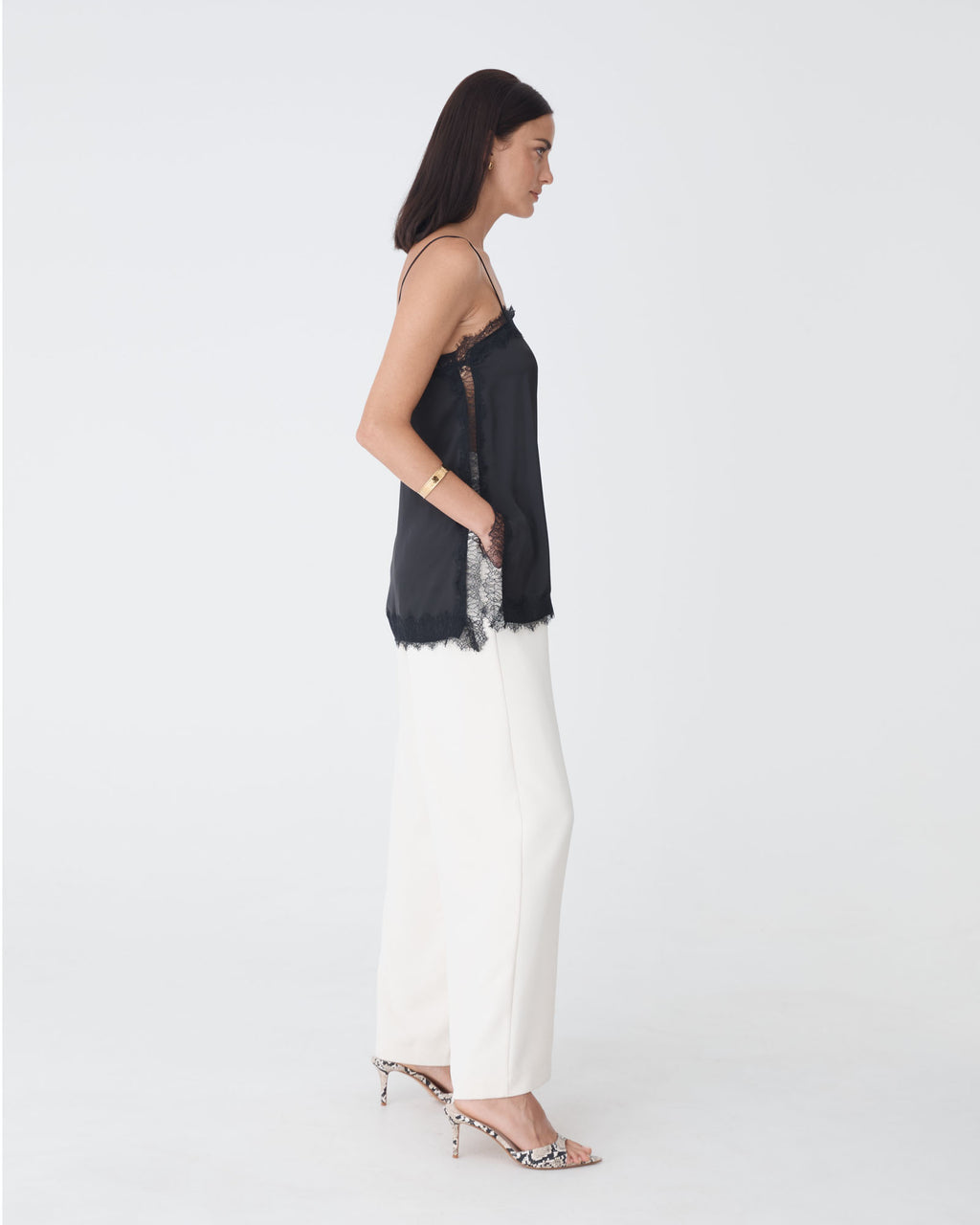 Cleo Lace Trim Satin Camisole in black — side view