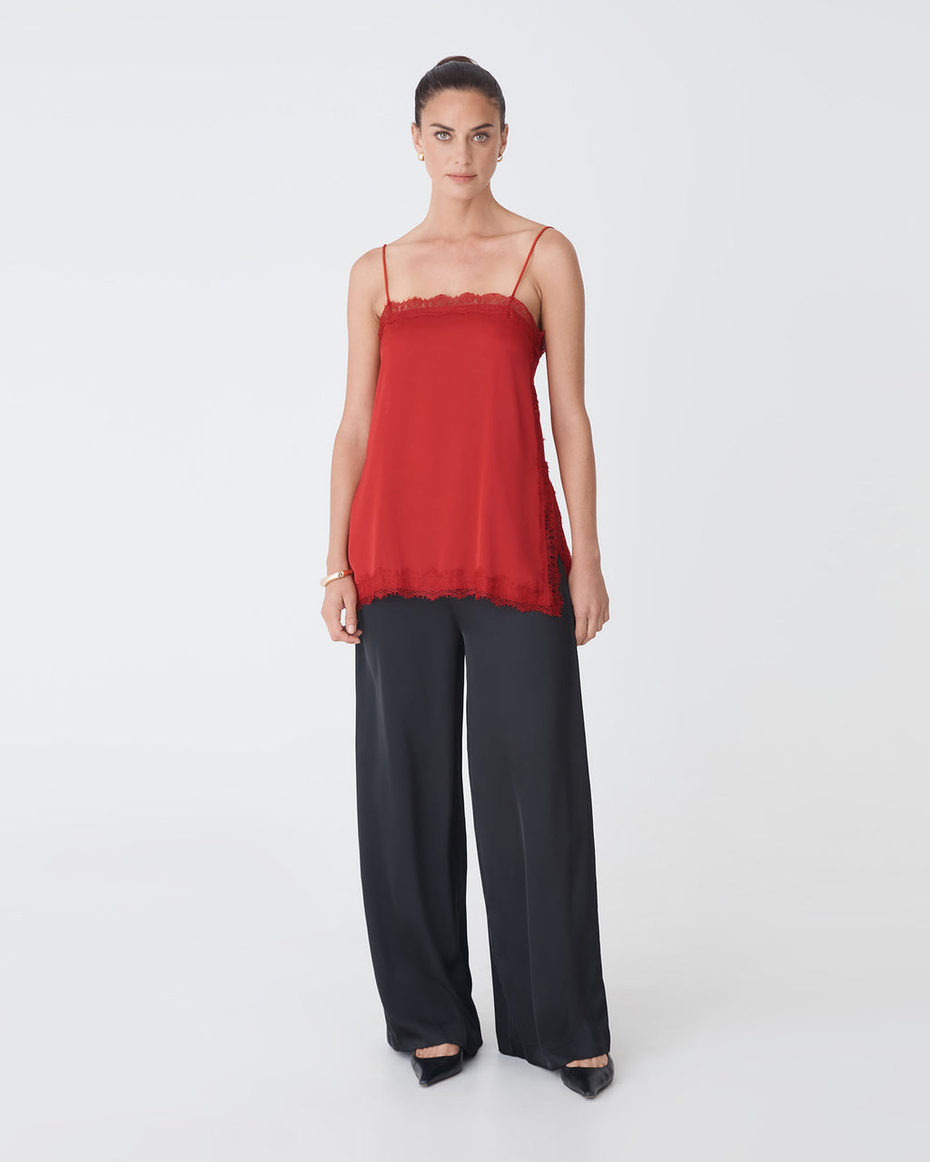 Cleo Lace Trim Satin Camisole in scarlet — full-length view