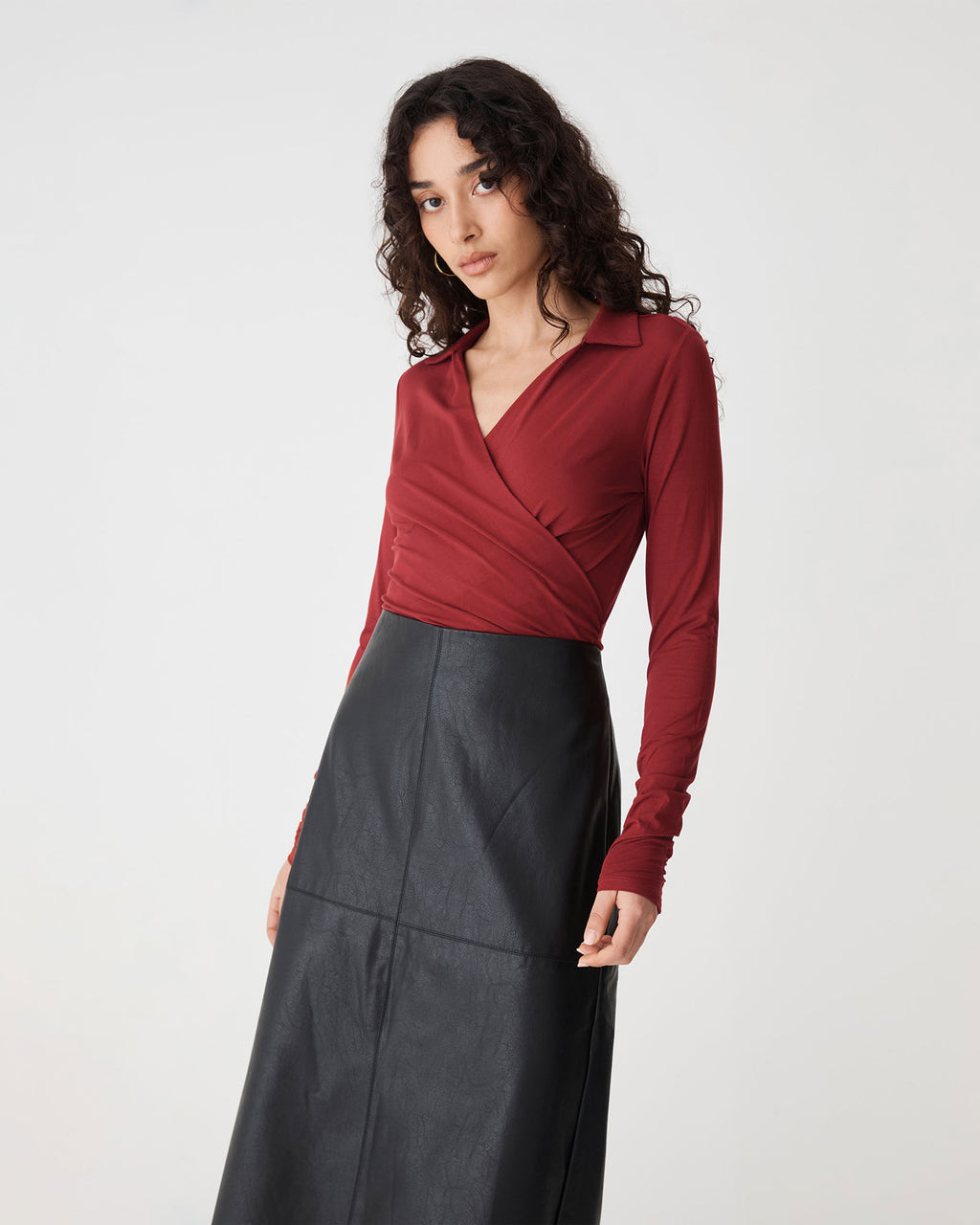 Solene Bamboo Wrap Top in shiraz — close-up view