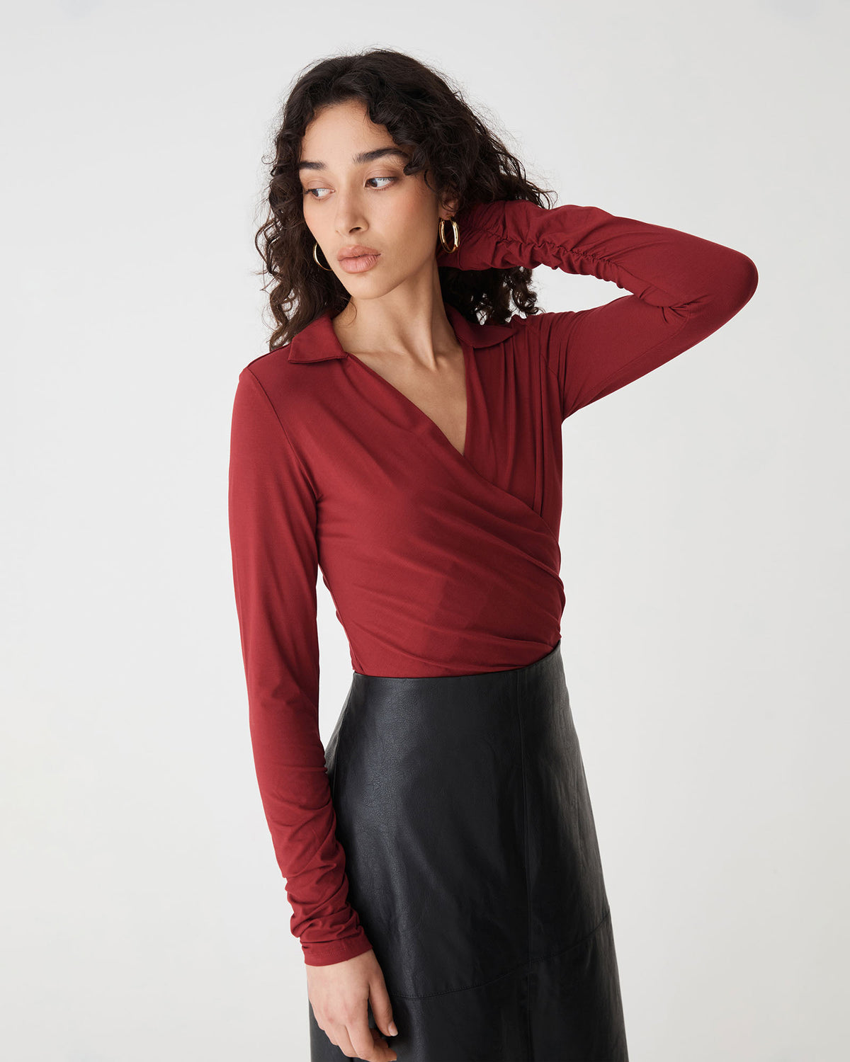Solene Bamboo Wrap Top in shiraz — close-up view 2