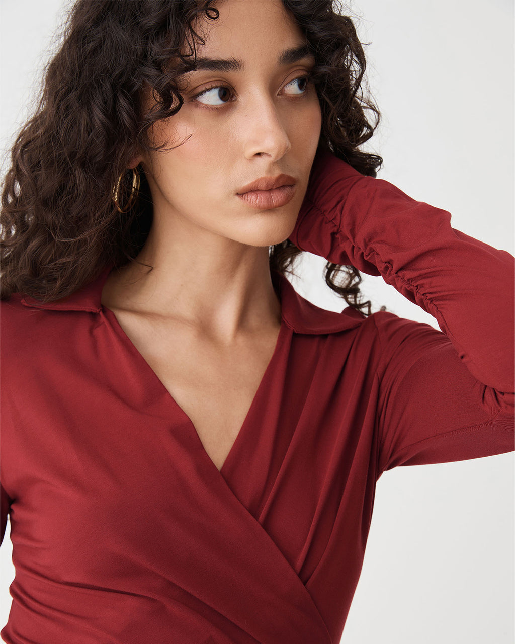 Solene Bamboo Wrap Top in shiraz — fabric detail