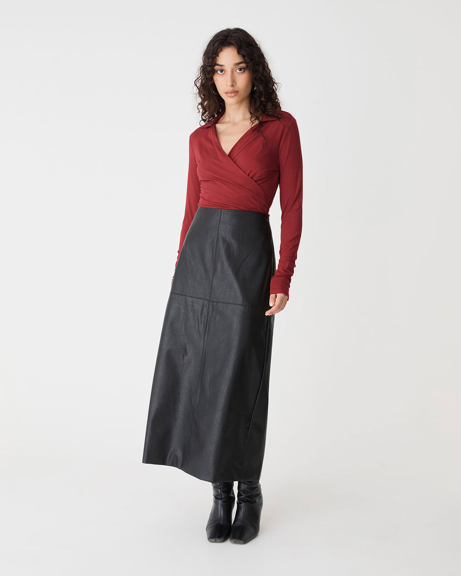 Solene Bamboo Wrap Top in shiraz — full-length view