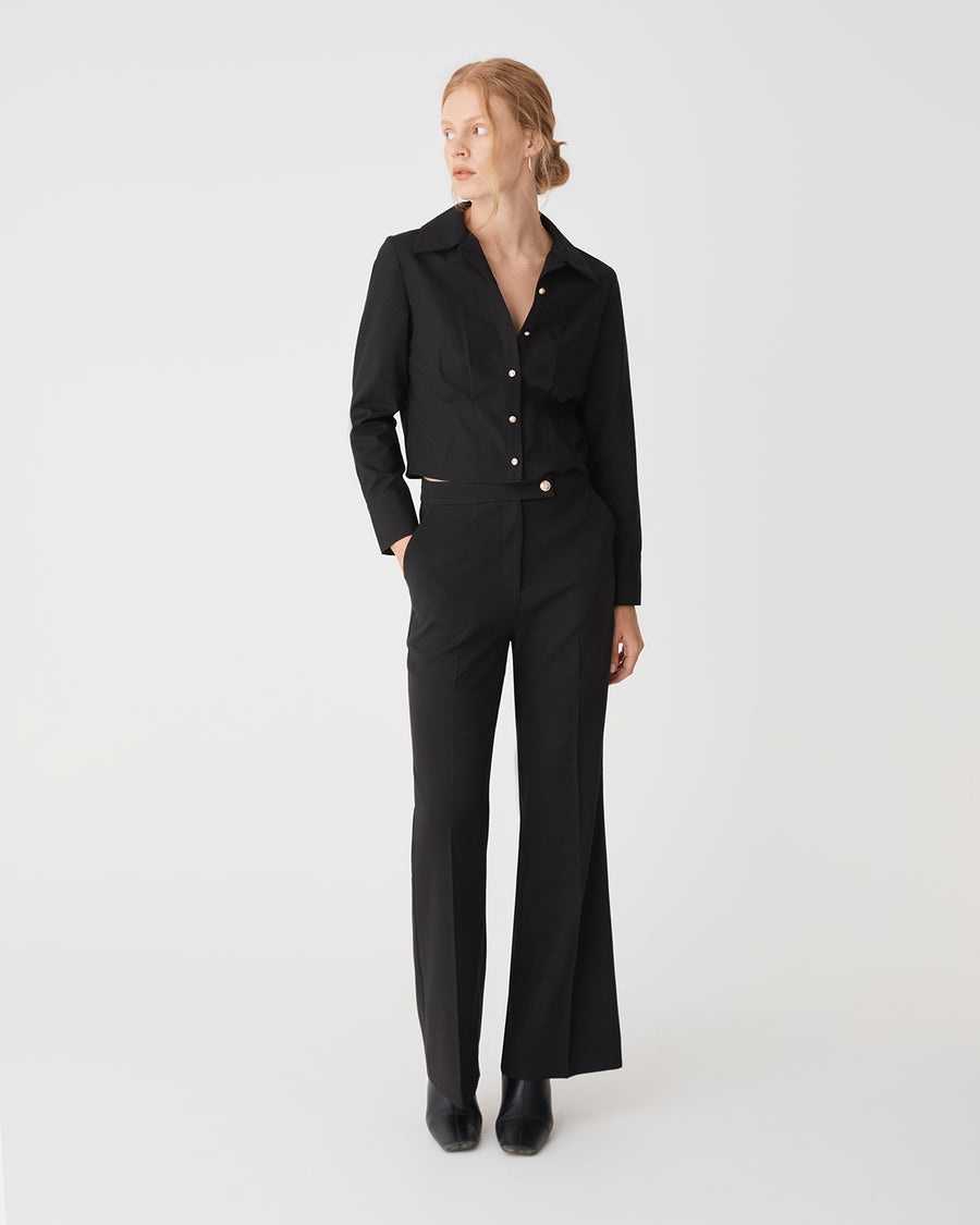 Gabby Pleated Hem Shirt in black — full-length view