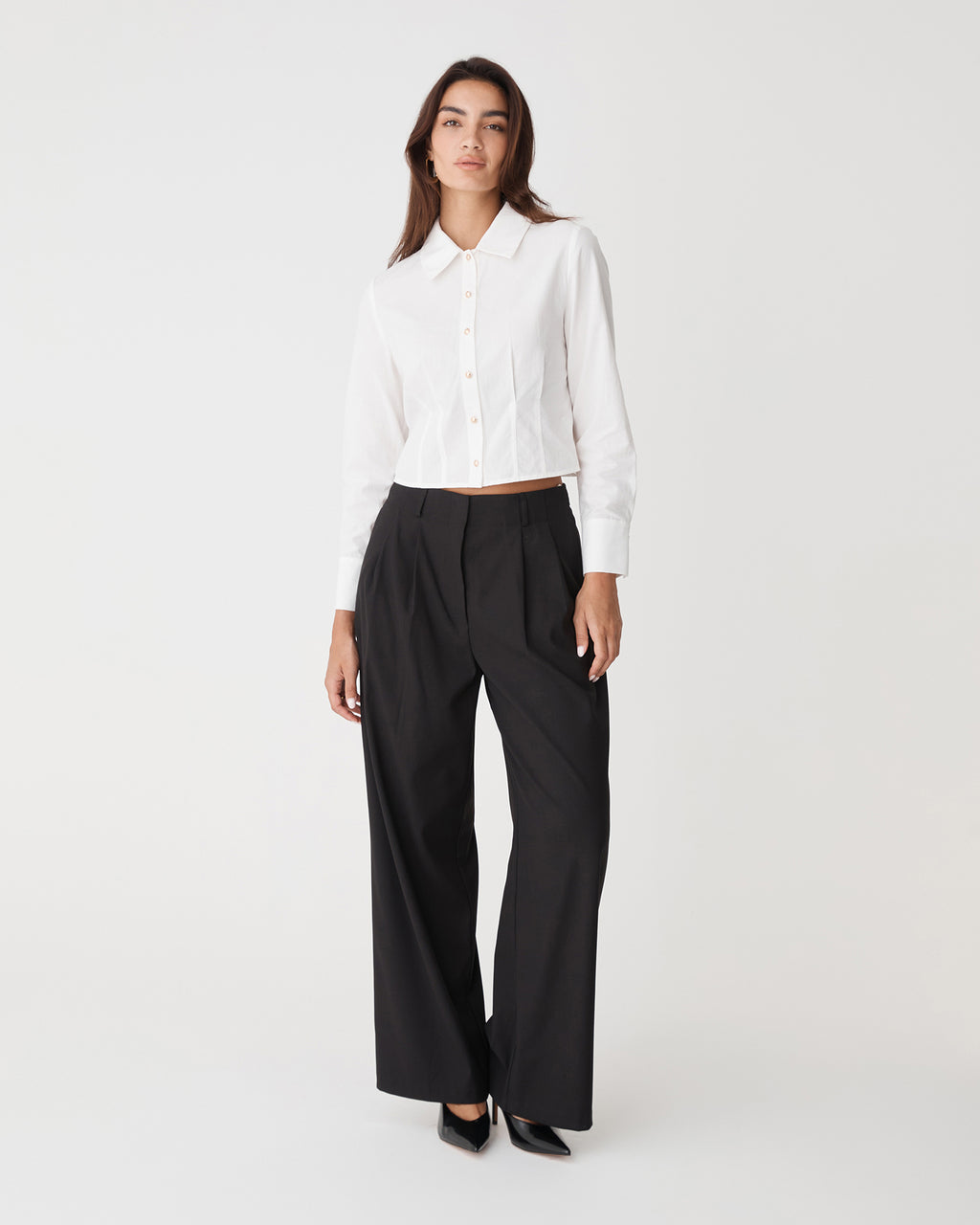 Gabby Pleated Hem Shirt in white — full-length view