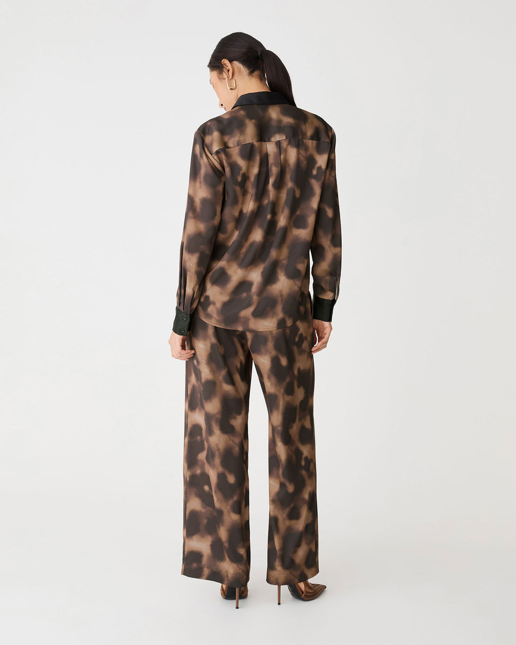 Savanna Printed Satin Shirt in brown abstract — back view