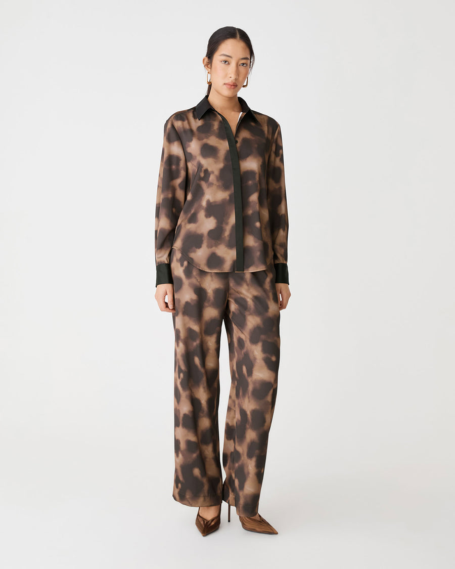 Savanna Printed Satin Shirt in brown abstract — full-length view