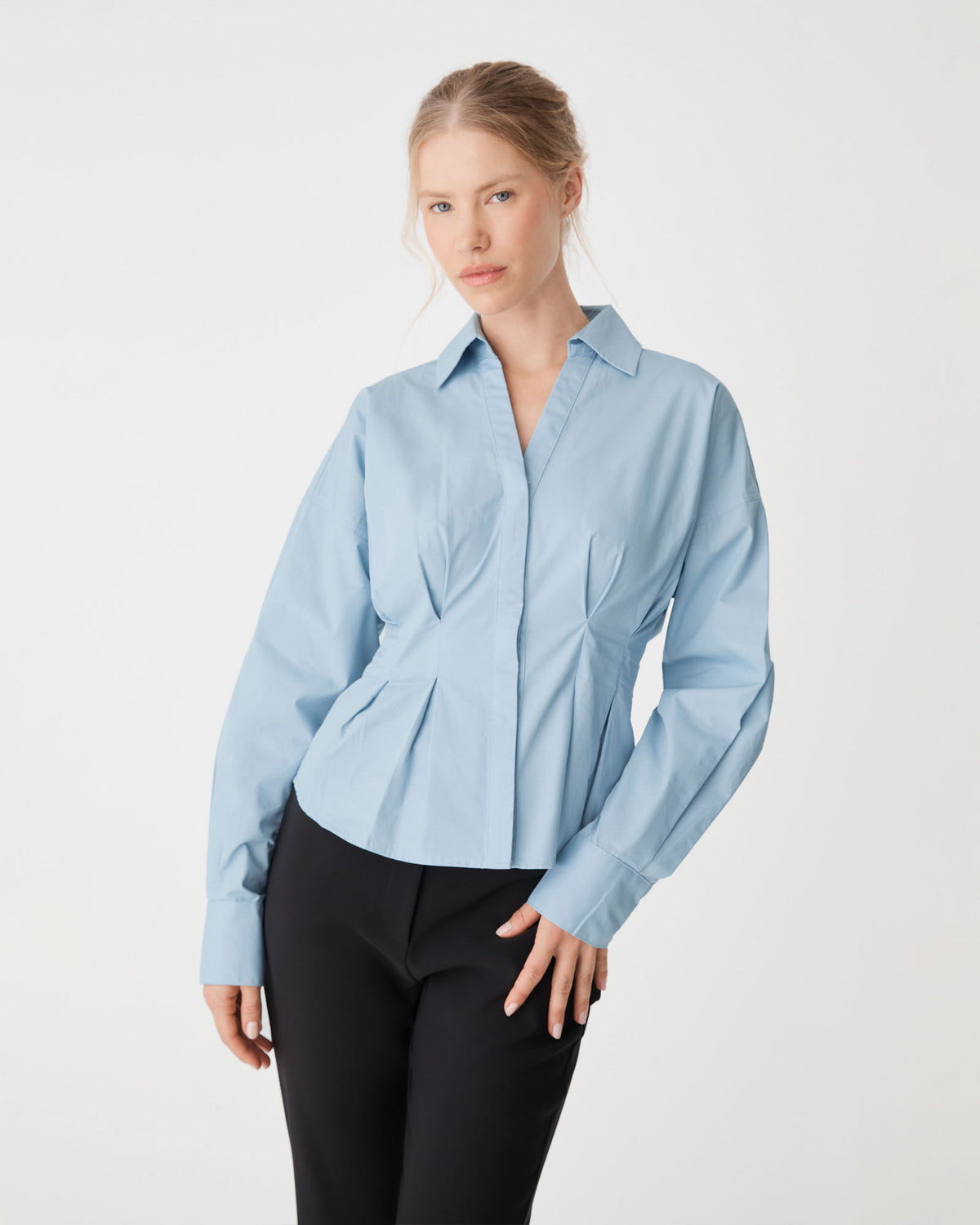Billie Pleat Waist Shirt in dusty blue — close-up view