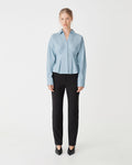 Billie Pleat Waist Shirt in dusty blue — full-length view
