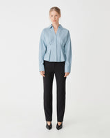 Billie Pleat Waist Shirt in dusty blue — full-length view