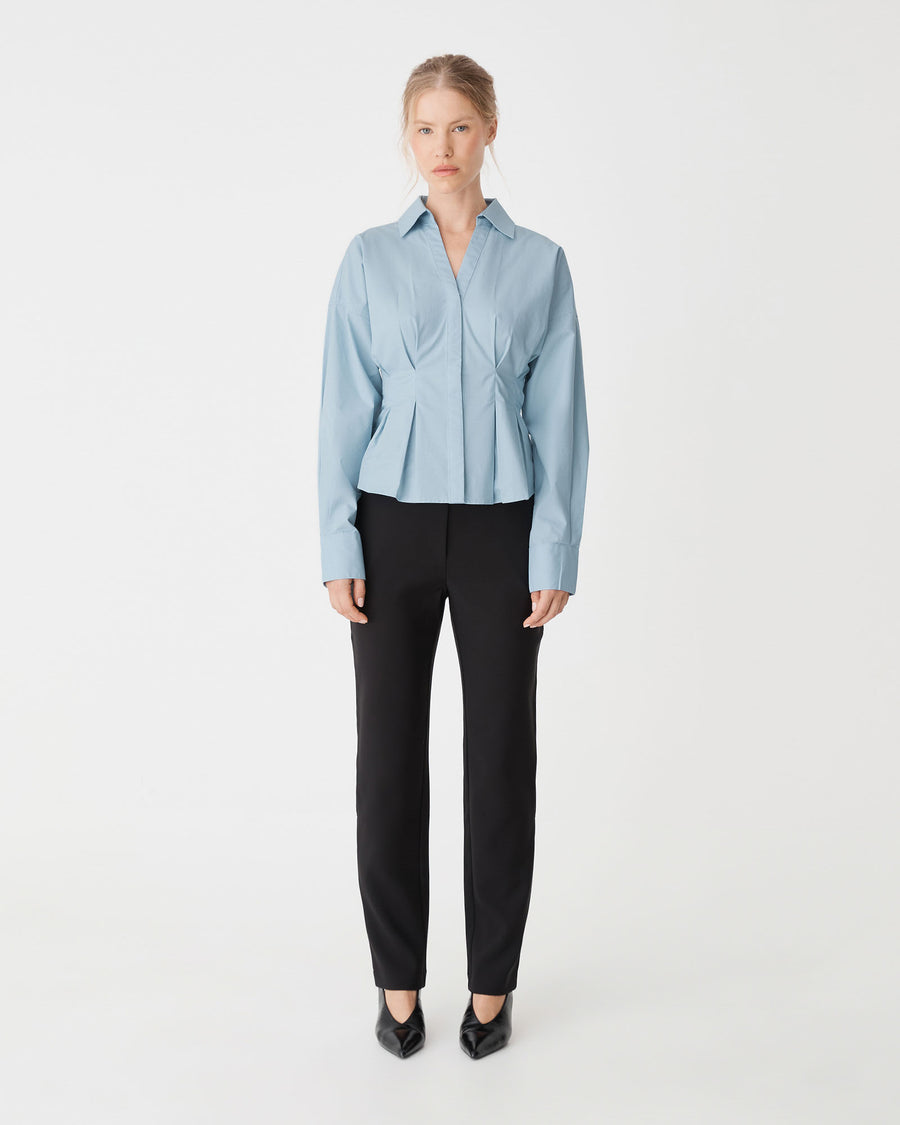 Billie Pleat Waist Shirt in dusty blue — full-length view