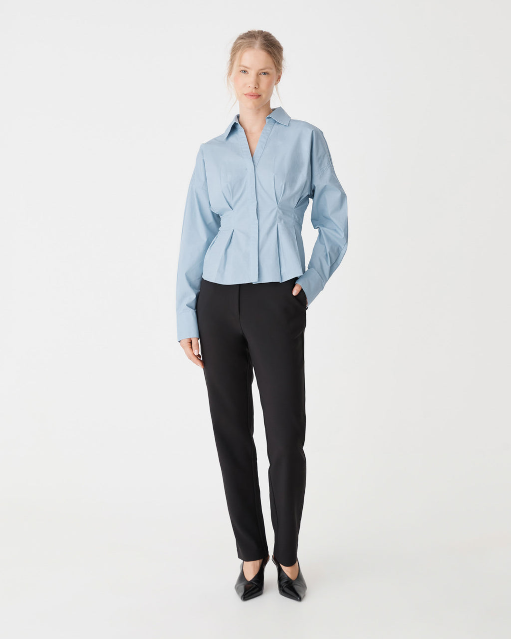 Billie Pleat Waist Shirt in dusty blue — full-length view 2