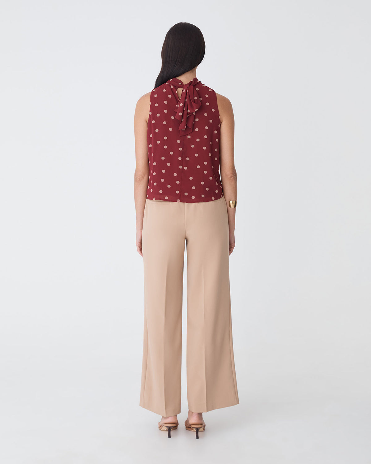 Lottie Printed Tie Neck Top in deep red spot — back view