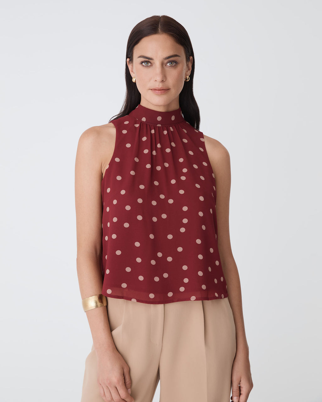 Lottie Printed Tie Neck Top in deep red spot — close-up view