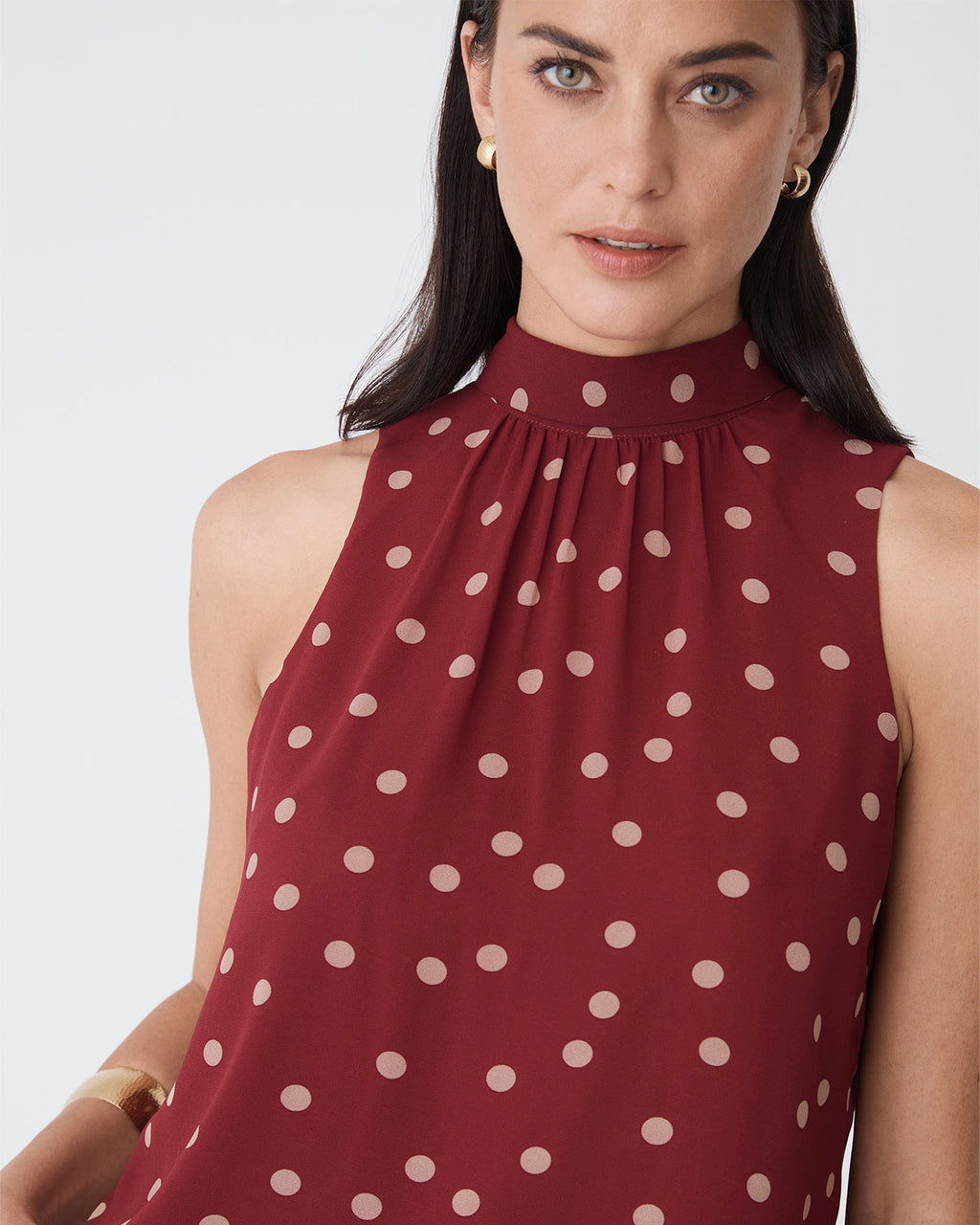 Lottie Printed Tie Neck Top in deep red spot — fabric detail