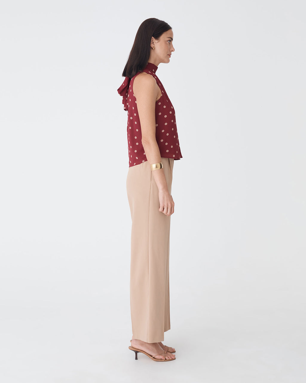 Lottie Printed Tie Neck Top in deep red spot — side view