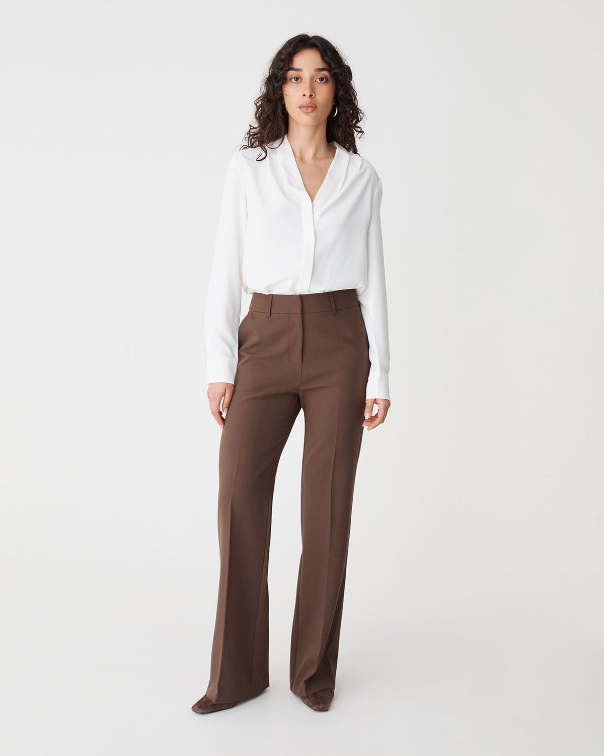 Claudia Pleat Neck Blouse in ivory — full-length view