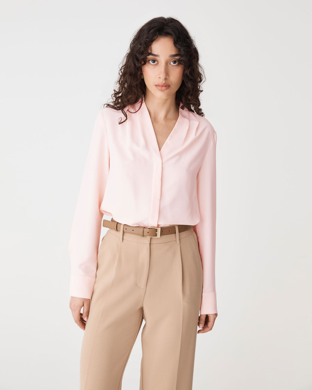 Claudia Pleat Neck Blouse in soft pink — close-up view