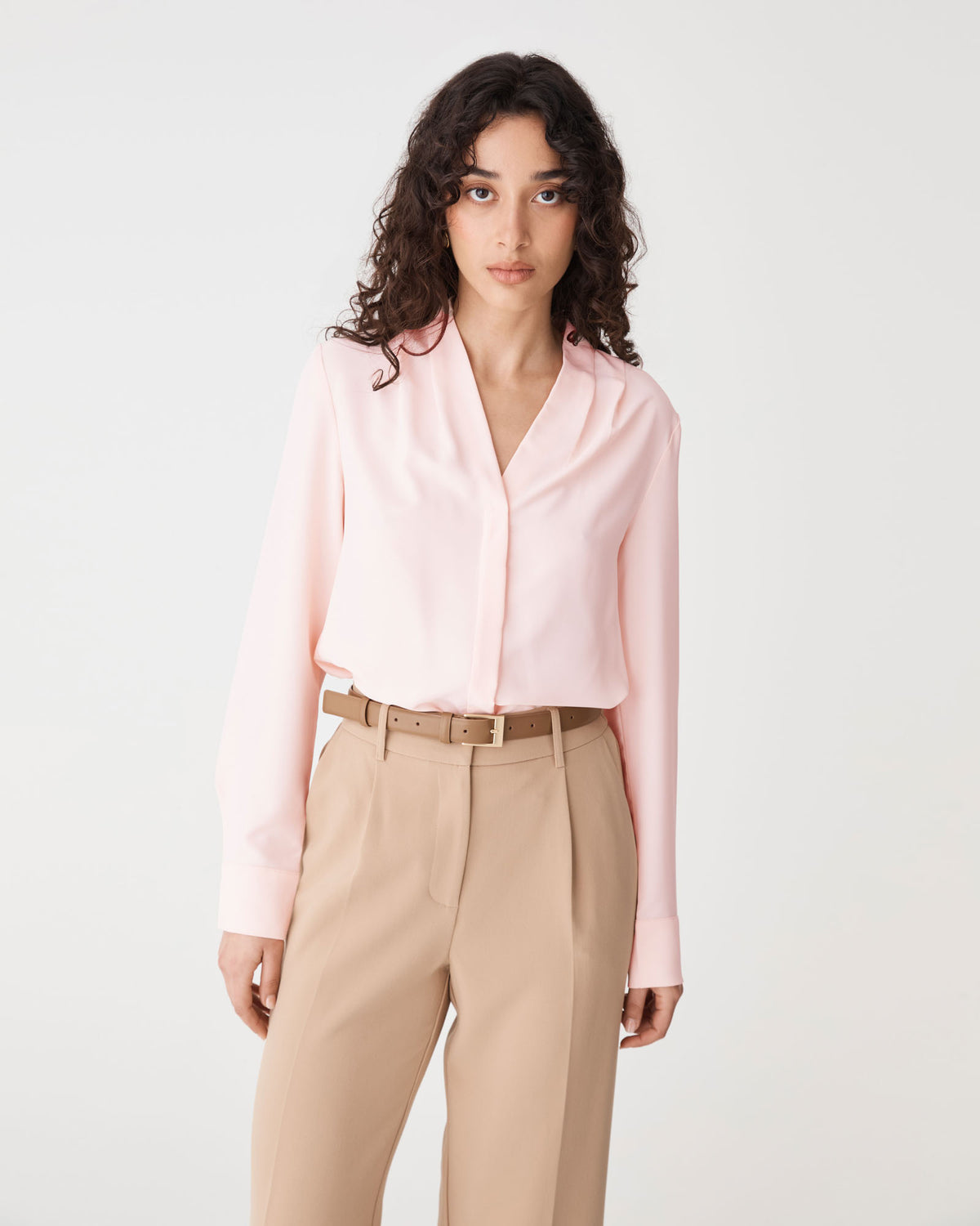 Claudia Pleat Neck Blouse in soft pink — close-up view