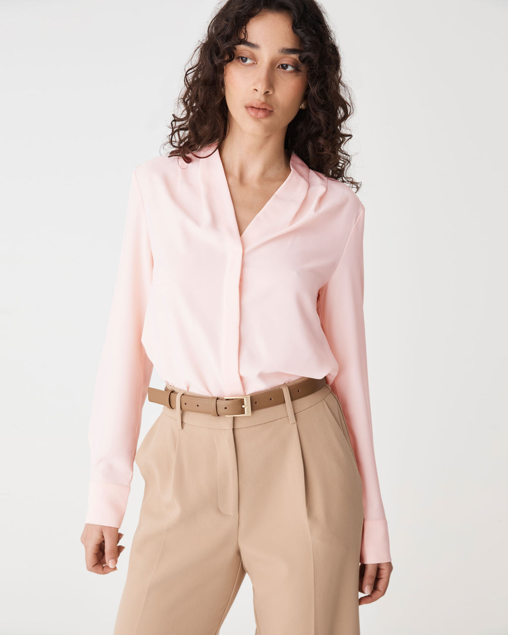 Claudia Pleat Neck Blouse in soft pink — close-up view 2