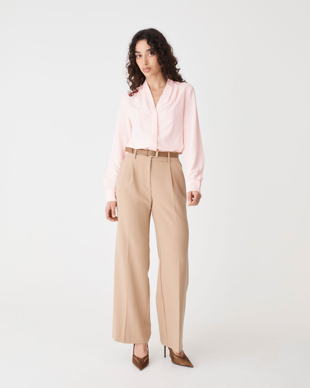 Claudia Pleat Neck Blouse in soft pink — full-length view
