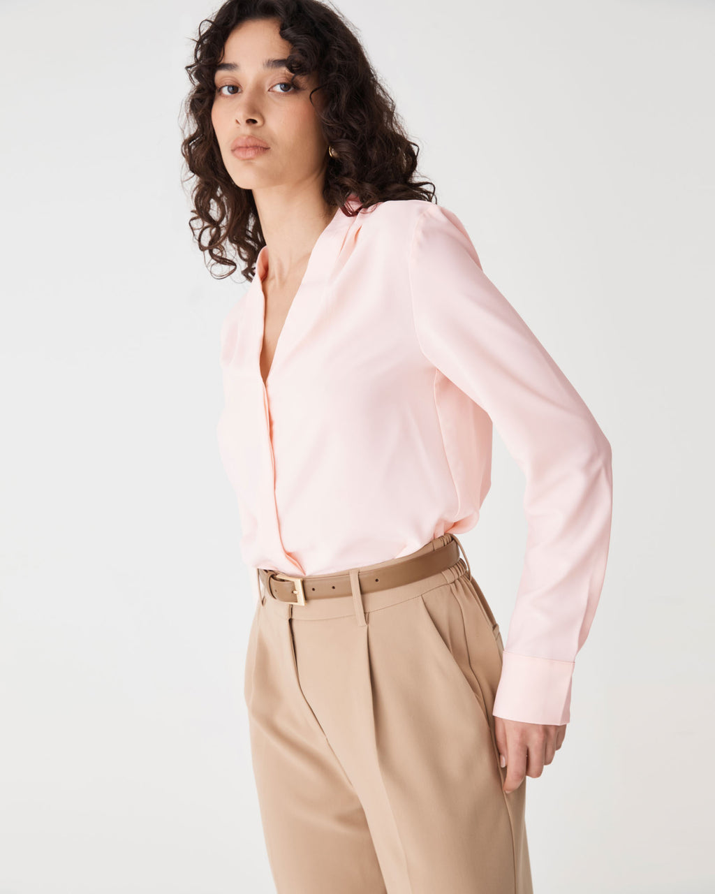 Claudia Pleat Neck Blouse in soft pink — side view