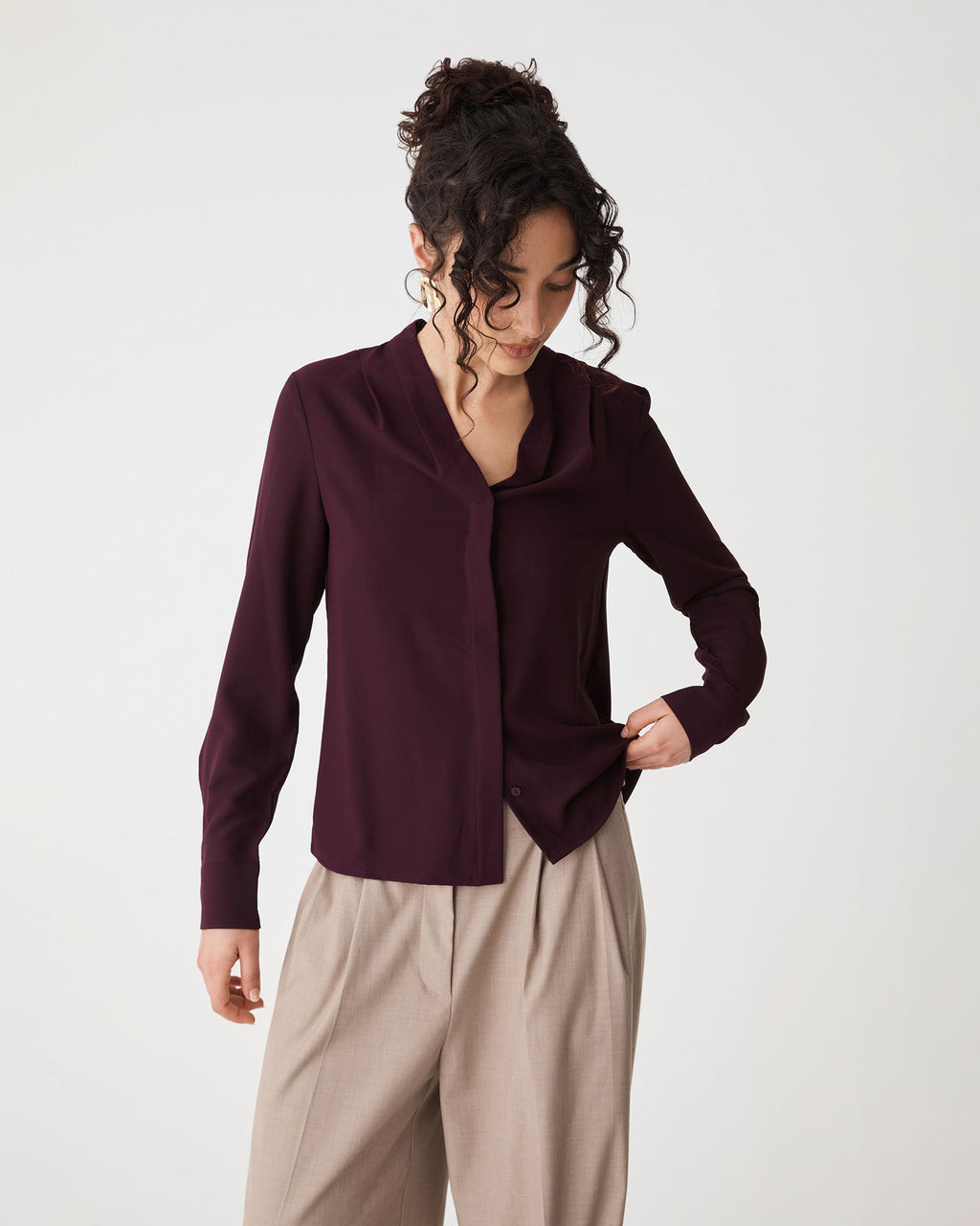Claudia Pleat Neck Blouse in shiraz — close-up view