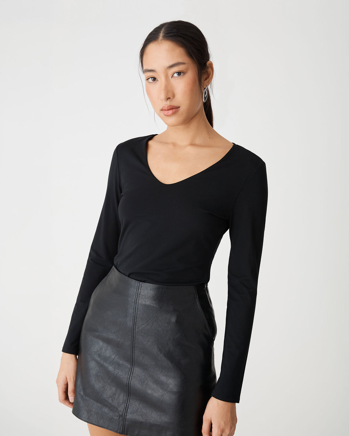 Isla V-Neck Bamboo Top in black — close-up view
