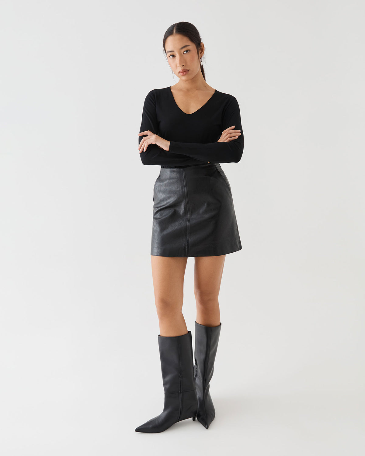 Isla V-Neck Bamboo Top in black — full-length view