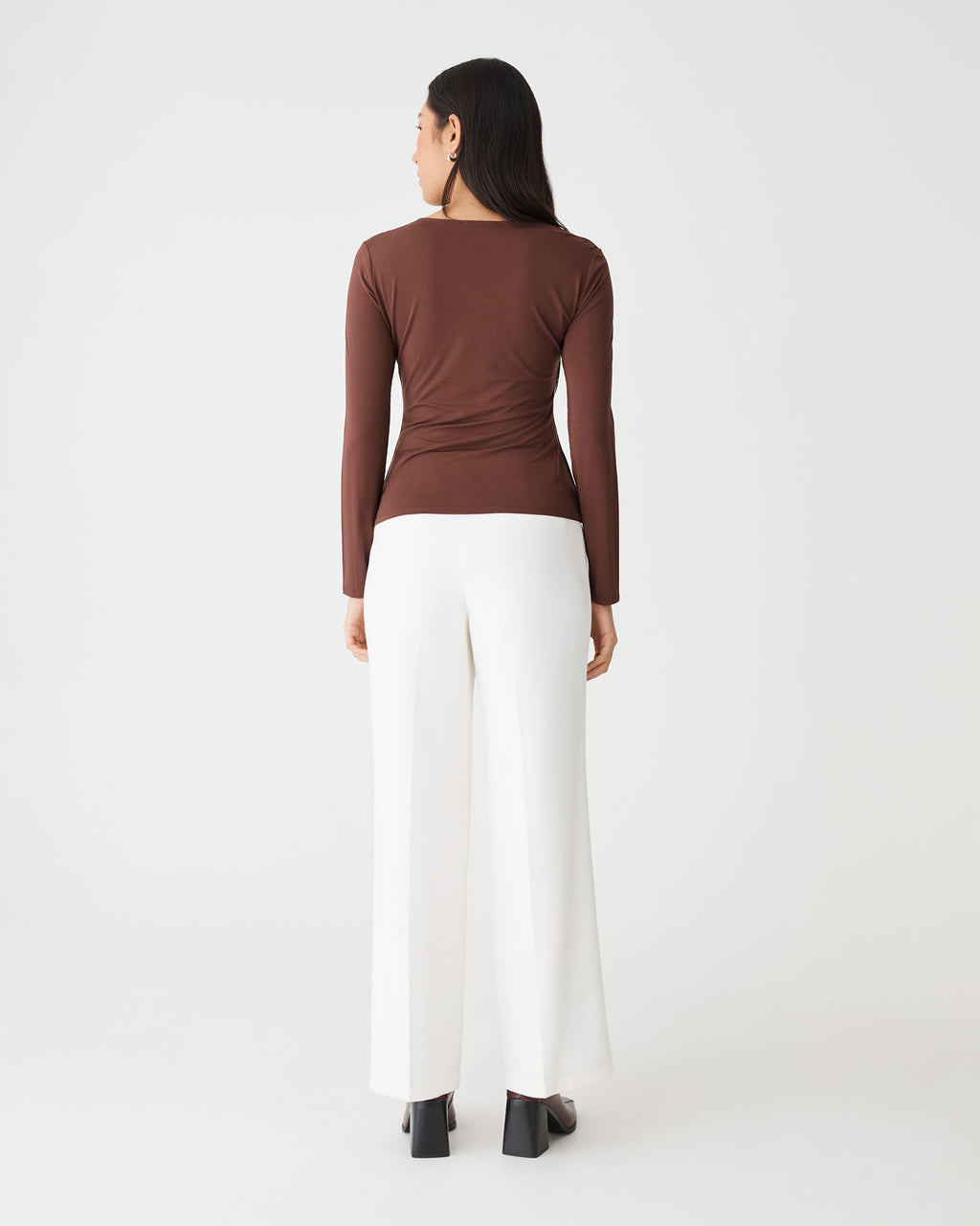 Isla V-Neck Bamboo Top in chocolate — back view