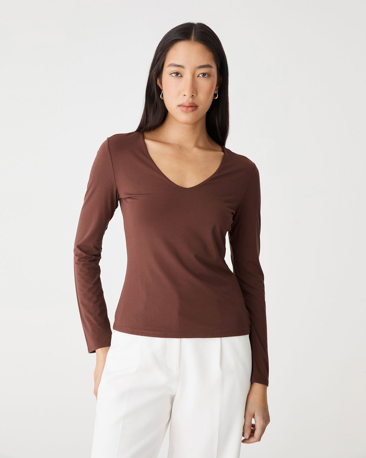 Isla V-Neck Bamboo Top in chocolate — close-up view 2