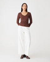 Isla V-Neck Bamboo Top in chocolate — full-length view