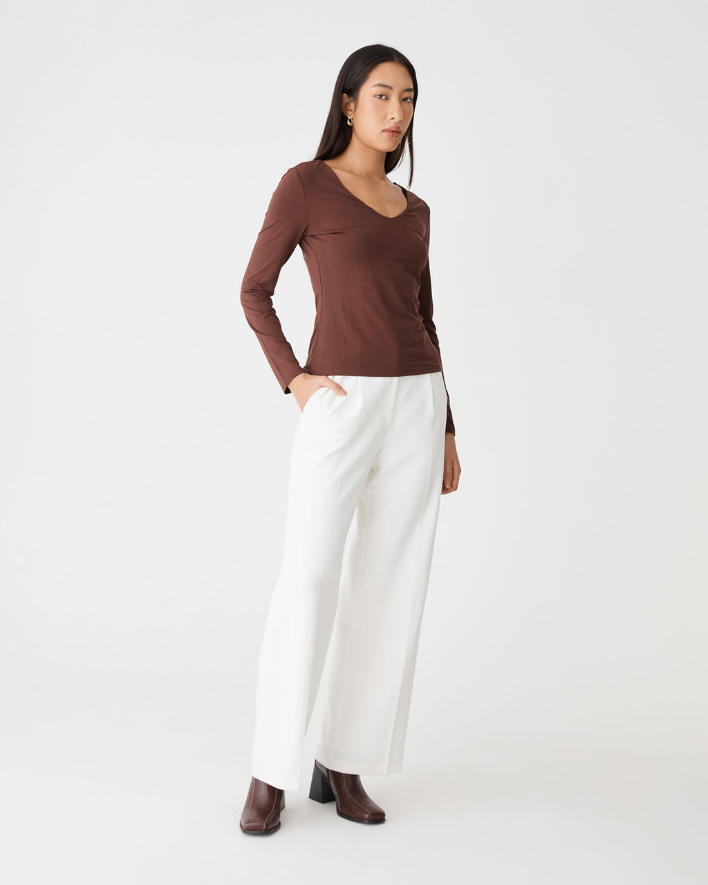 Isla V-Neck Bamboo Top in chocolate — side view