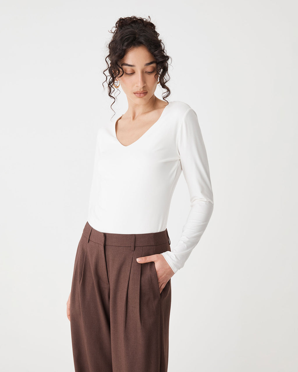 Isla V-Neck Bamboo Top in ivory — close-up view 2