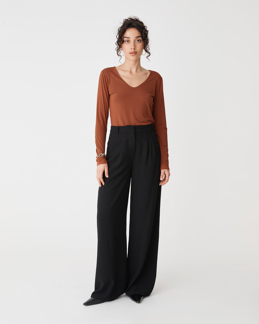 Isla V-Neck Bamboo Top in rust — full-length view
