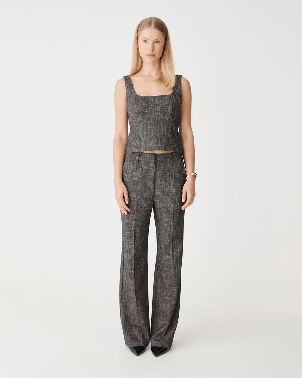 Harper Scoop Neck Top in black melange — full-length view