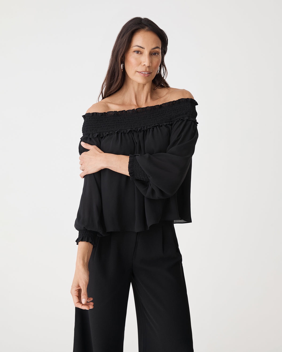 Lilly Off Shoulder Top in black — close-up view