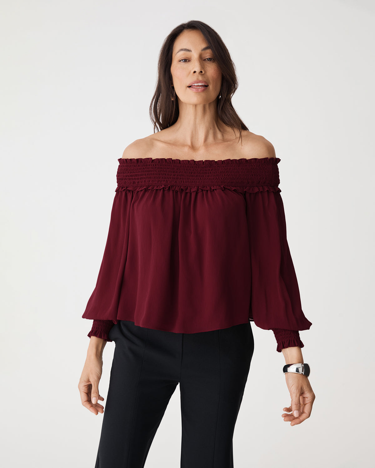 Lilly Off Shoulder Top in rhubarb — close-up view